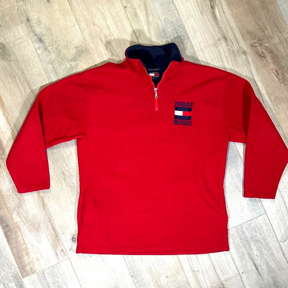 VTG 90’s Tommy Hilfiger Sailing Gear Red Fleece Spellout Mens XL